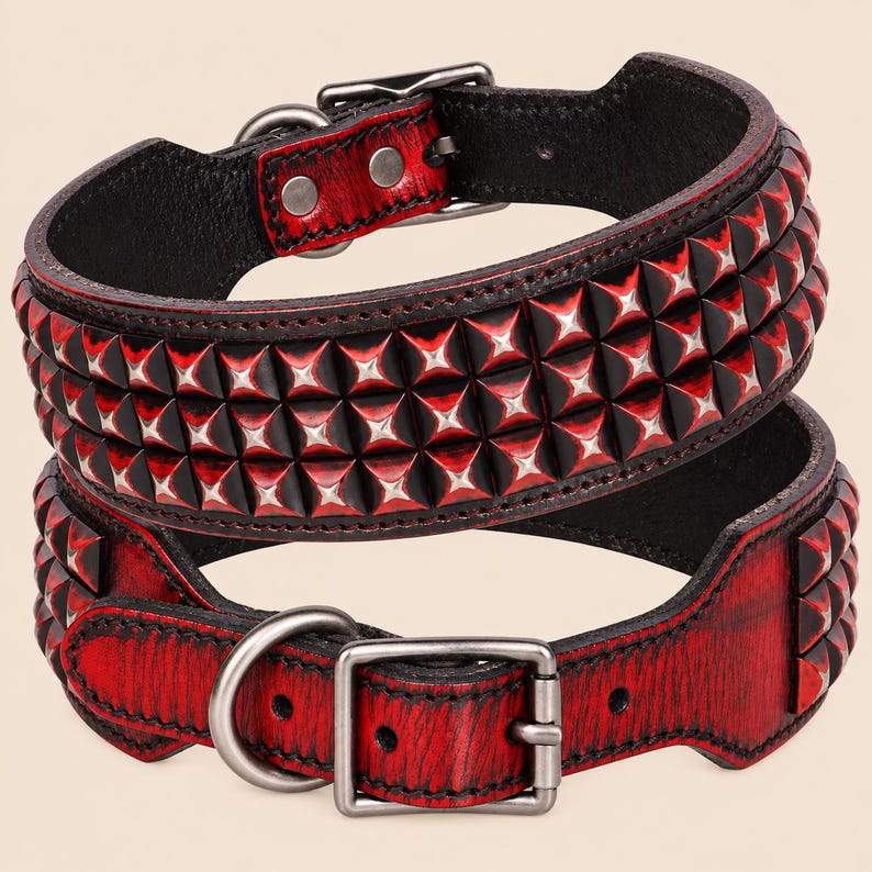 Pyramid Stud Rivet Luxury Studded Leather Dog Collar Wide Adjustable Collar for Large Dogs ...
