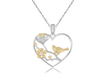 Sterling Silver Heart and Bird Nest Necklace with Cubic Zirconia