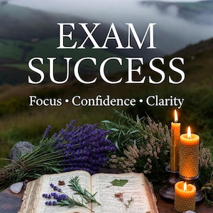 May include: An open book with dried herbs and flowers, lit candles, and the text "EXAM SUCCESS" with the words "Focus, Confidence, Clarity" below. The text "Rooted in Scottish Folk Magic" is also visible.