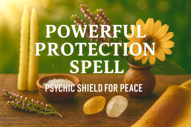 May include: Image with text reading "POWERFUL PROTECTION SPELL PSYCHIC SHIELD FOR PEACE". The image features yellow candles, a wooden bowl with salt, a small vase with a yellow flower, and two crystals on a wooden surface.