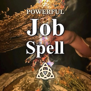 Könnte beinhalten: Ein Bild von einem brennenden Bündel getrockneter Kräuter mit den Worten "POWERFUL Job Spell" in weißem Text. Ein Symbol eines dreiteiligen Knotens befindet sich unten. Der Hintergrund ist dunkel mit einem verschwommenen Bild einer Hand.