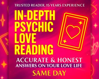 Op de afbeelding: Een promotionele afbeelding voor paranormale liefdeslezingen. De tekst benadrukt "In-Depth Psychic Love Reading" en belooft "Accurate & Honest Answers" op "Same Day". Een speelkaart met een hart is afgebeeld.