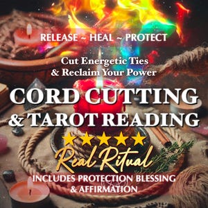 Könnte beinhalten: Eine Nahaufnahme eines Rituals zum Durchschneiden von Schnüren und zum Tarotlesen. Das Bild zeigt eine rote Kerze, eine Schale mit Kristallen, ein Buch und ein Seil. Der Text "RELEASE - HEAL - PROTECT" ist in einer Regenbogen-Schriftart geschrieben. Der Text "Cut Energetic Ties & Reclaim Your Power" ist in weißer Schrift geschrieben. Der Text "CORD CUTTING & TAROT READING" ist in einer großen, fetten Schriftart geschrieben. Der Text "Real Ritual" ist in einer stilisierten Schriftart geschrieben. Der Text "INCLUDES PROTECTION BLESSING & AFFIRMATION" ist in einer kleineren Schriftart geschrieben.
