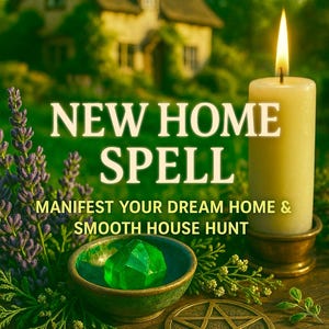 May include: Image promoting a "New Home Spell" with a lit candle, a green crystal in a bowl, and a pentagram symbol. The background features a house and greenery, suggesting a theme of manifestation and home. Text reads "Manifest Your Dream Home & Smooth House Hunt."