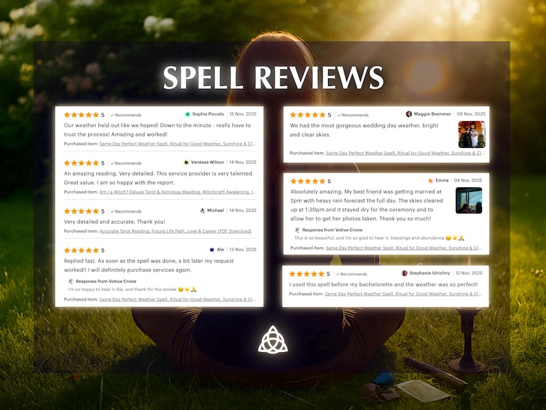 Może przedstawiać: Obraz wyświetlający recenzje klient&oacute;w dotyczące zaklęć, z tytułem "SPELL REVIEWS" w białym tekście. Recenzje są wyświetlane w formacie siatki, każda z oceną 5 gwiazdek i komentarzami klient&oacute;w. Tło to rozmyta scena na zewnątrz.