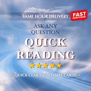 Puede incluir: Un fondo de cielo azul y blanco con el texto "SAME HOUR DELIVERY FAST RESPONSE" en rojo y blanco. El texto "ASK ANY QUESTION" está en negro. El texto "QUICK READING" está en blanco. Cinco estrellas amarillas están debajo del texto. El texto "QUICK CLARITY IN THREE CARDS" está en amarillo.