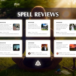 Może przedstawiać: Obraz z recenzjami klient&oacute;w zatytułowany "SPELL REVIEWS". Recenzje są wyświetlane w białych polach z ocenami gwiazdkowymi i komentarzami. Tło to rozmyty obraz osoby siedzącej na trawiastym obszarze.
