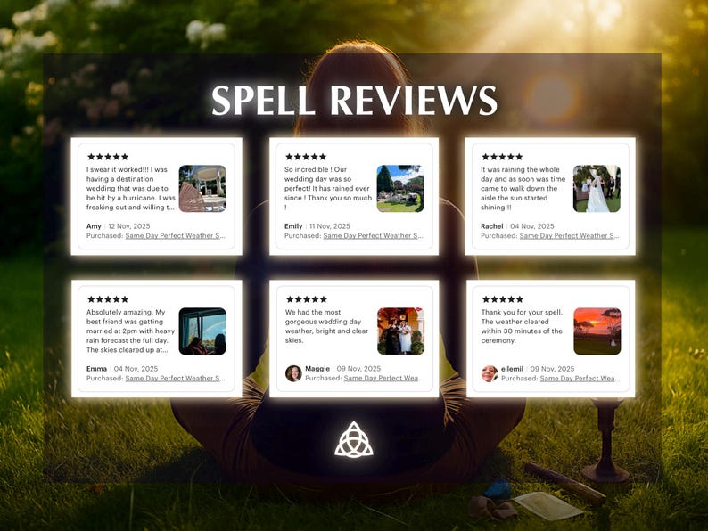 Może przedstawiać: Obraz z recenzjami klient&oacute;w zatytułowany "SPELL REVIEWS". Recenzje są wyświetlane w białych polach z ocenami gwiazdkowymi i komentarzami. Tło to rozmyty obraz osoby siedzącej na trawiastym obszarze.