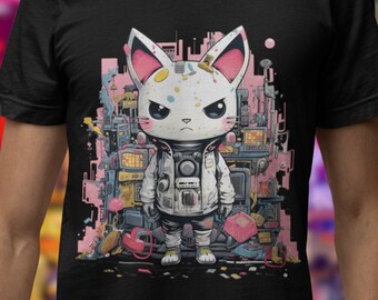 以下が含まれることがあります： 白い宇宙服を着てピンクのヘルメットをかぶった白い猫が描かれた黒いTシャツ。猫は、カラフルでピクセル化された背景に立っており、さまざまな電子機器が並んでいます。