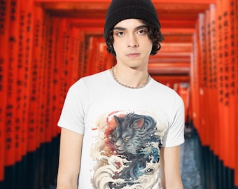 Japanese Style Dragon Cat Unisex T-shirt - Unique Japanese Streetwear Design - Cool Shirt - Dragon Shirt