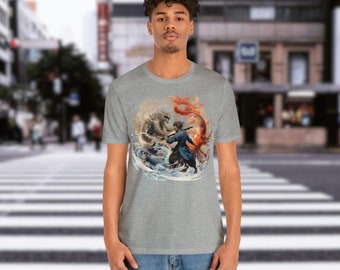 Japanese Style Dragon vs Samurai Unisex T-Shirt - Japanese Streetwear Shirt - Dragon Shirt - Samurai Shirt