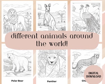 May include: Black and white coloring pages featuring different animals from around the world, including a lion, kangaroo, peacock, polar bear, panther, and cheetah. The text "different animals around the world!" is at the top of the page.  The text "DIGITAL DOWNLOAD" is at the bottom of the page.