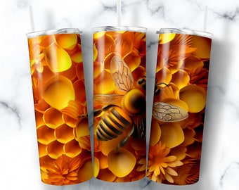 3D Yellow Bee Honeycomb 20 oz Skinny Tumbler Sublimation Design, Straight Tumbler Wrap, Instant Digital Download PNG, 3d Bee