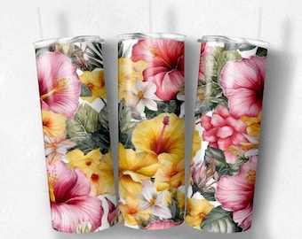 Hibiscus Flowers Tumbler, 20oz Skinny Tumbler Sublimation Design, StraightTumbler Wrap, Cactus tumbler, floral download, 20 oz