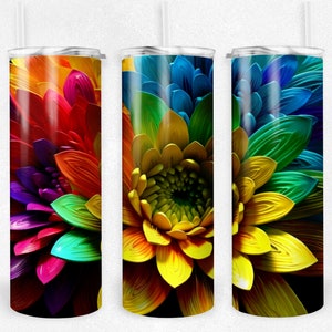 3D Colorful Rainbow Flowers 20 oz Skinny Tumbler Sublimation Design, Straight Tumbler Wrap, Instant Digital Download PNG