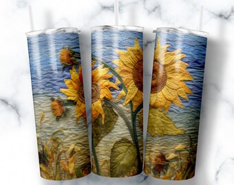 3D embroidered tumbler 20 oz Skinny Tumbler Sublimation Design, Straight Tumbler Wrap, Instant Digital Download PNG Sunflower