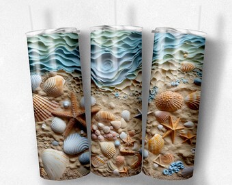 3D Sunrise Beach Landscape 20 oz Skinny Tumbler Sublimation Design, Straight Tumbler Wrap, Instant Digital Download PNG