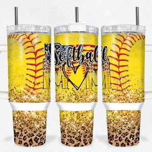 Softball Baseball Mom Cheetah Glitter 40 oz 2 piece Tumbler Sublimation Template Digital Download PNG Sports bats Softball tumbler wrap