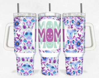 Mom purple blue flowers 40 oz 2 piece Tumbler Sublimation Template Digital Download PNG Mom  tumbler wrap