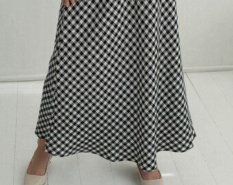 Linen Gingham Skirt: Black & White Checkered Maxi Skirt