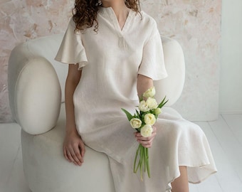 Linen Midi Dress with Ruffle Hem, Dusty Pink Linen Dress, Summer Linen Dress, Wedding Guest Dress, Boho Linen Dress Women