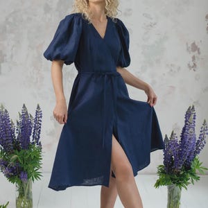 Linen Wrap Dress: Puffy Sleeves, Vintage Cottagecore Sundress