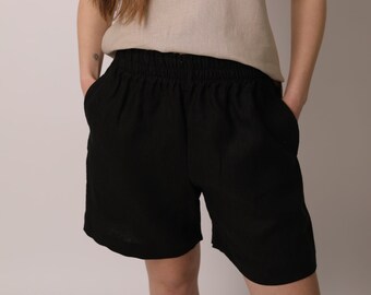 Short en lin noir pour femmes Positano - Short en lin taille haute pour femmes avec poches latérales - Shorts d'été