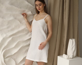 Sperlonga Linen Nightgown in White colour, handmade natural linen loose fit nightie slip dress in middle length, best nightdress for women
