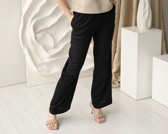 Wide fit linen pants Positano in black, comfortable high quality washed softened linen trousers for women