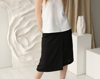 Black linen wrap skirt VITA - midi linen skirt with pockets and adjustable waist