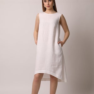 Amalfitano White Linen Dress, midi linen clothing for women, sleeveless handmade sundress for ladies , women linen summer vacation outfit image 2