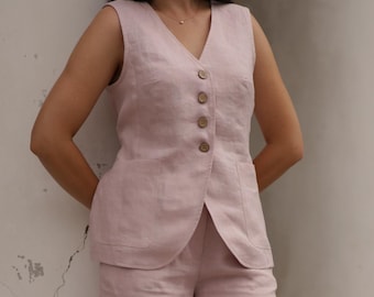 Linen suit Cremona, pink linen pantsuit for women, vest and pants set for special occasion - prom, wedding, birthday. Quality timeless gift