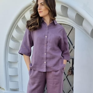 Linen shirt and pants two piece set POSITANO, elastic waist linen pants and button up shirt ladies outfit, plus size linen suit for women