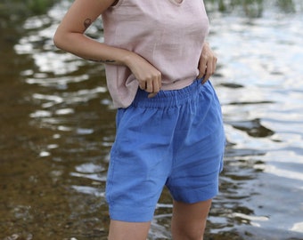 Linen shorts for women Positano in cornflower blue, High waisted elastic waistband shorts with pockets relaxed fit