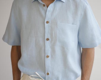 Men’s Linen Shirt HAVANA, Short Sleeve Button Up, Natural Linen Summer Shirt for Men, Lightweight Casual Top, Gift for Him Husband Father