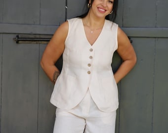 Cream Linen suit – Elegant Vest and Pants Set of two for Weddings, Special Events & Prom, Two pieces set women&#39;s outfit, Plus size pantsuit