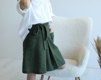 Wrap linen skirt Japan in forest green, A line knee length ladies skort with belt and adjustable waist line, flattering, fit all body shapes