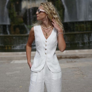 Leinenanzug , weißer Leinen-Hosenanzug für Damen, weiße Hosen-Westen-Kombination, Weste und Hose Set für besondere Anlässe – Hochzeit