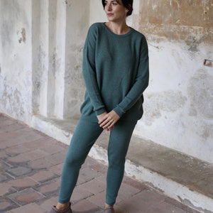 Knitted merino wool blouse and trousers set, relaxed winter loungewear, minimalist fall capsule wardrobe knitwear, chic knit combo suit