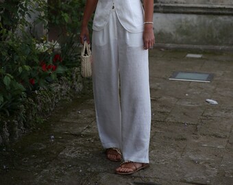 White linen pants JAKARTA, female linen pants for beach, summer holidays, wide leg women trousers, plus size