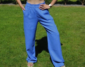 Wide leg linen pants with elastic waist band and side pockets, linen trousers female