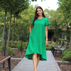 Linen midi length dress green for women - relaxed fit linen summer dress with pockets - loose fit vacation dress with belt