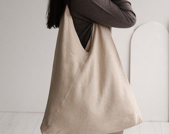 Large Linen Tote Bag – Minimalist Natural Beach & Shopping Bag with Pocket, European Linen Market Bag