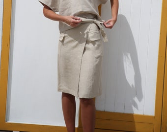 Linen wrap skirt VITA in sand - linen midi skirt with pockets and adjustable waist