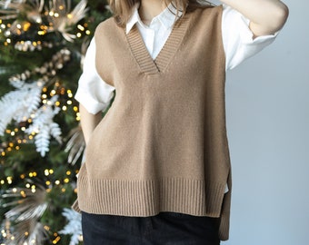 Wool vest in camel colour, 100% soft wool versatile sleeveless vest, premium quality knitted V neck wool vest women's