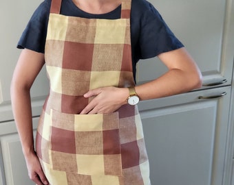 Pinafore linen apron gingham brown yellow checks, one size, unisex gender, perfect gift for her and him, mother, father