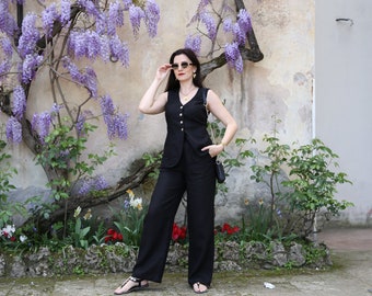Linen vest and pants suit Cremona in black - must have linen attire for summer special occasions or daily casual wearing, plus size suit