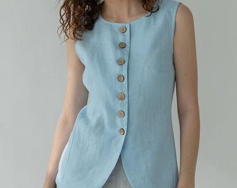 Linen Waistcoat LUXE: Sleeveless Button Vest, Custom Color