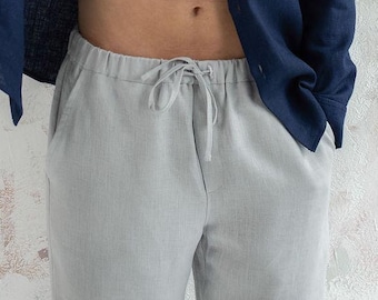 Pantaloni di lino fatti a mano da uomo: pantaloni da spiaggia estivi personalizzati, abbigliamento maschile minimalista