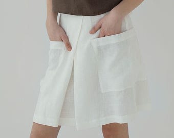 Linen white skirt with Pockets JAPAN – Summer Plus Size, Tall Skirt, Natural Knee Length, Tailored Gathered Linen Skirt  Midi with Tie